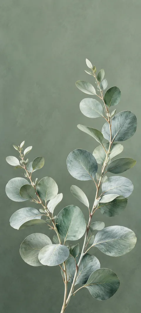 Two silver-green eucalyptus branches against a muted sage background.