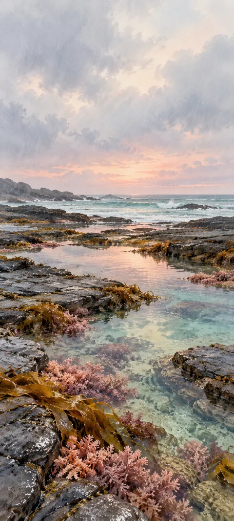 Rainy tide pools among dark slate, amber seaweed and pink algae.