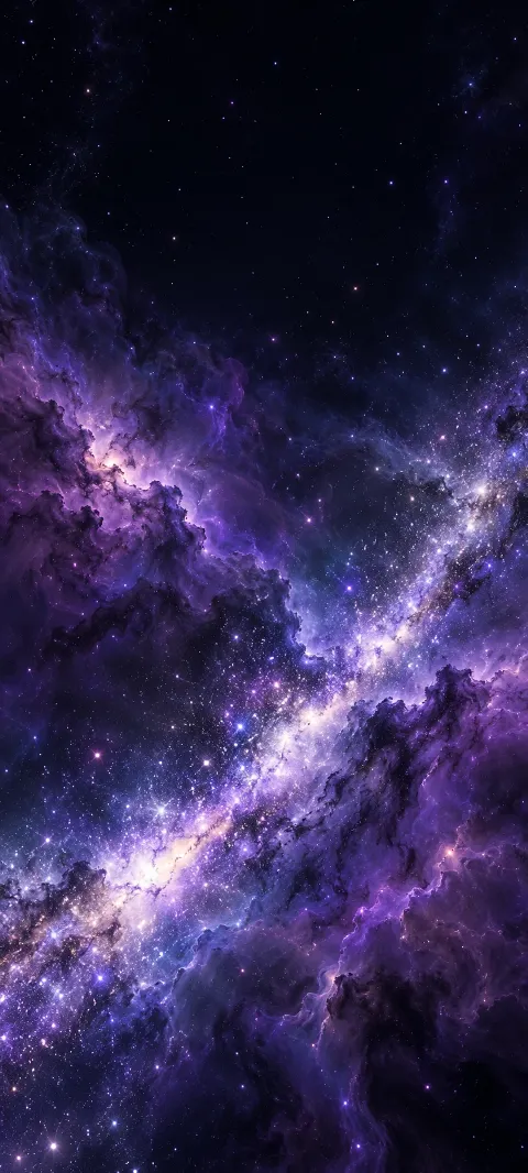 A diagonal band of lavender-white stars between violet nebular clouds in deep space.