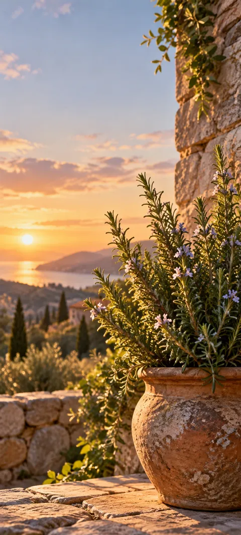 Rosemary stems catch warm light against a stone wall.