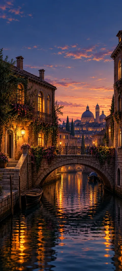 A narrow canal passes below a bridge and warm windows.