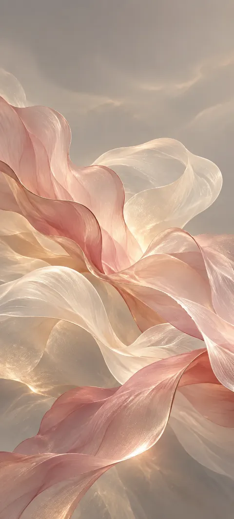 Rose and cream translucent forms drift across a warm gray field.