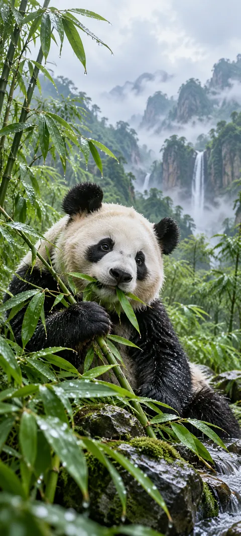 A panda sits among wet bamboo leaves.