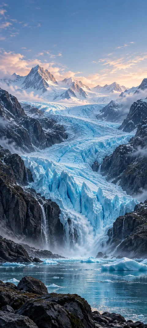 A blue glacier descends between dark mountain walls.