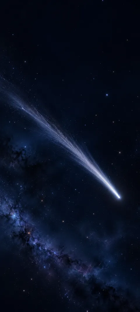 Silver-white comet with a fine tail crossing dark indigo space.