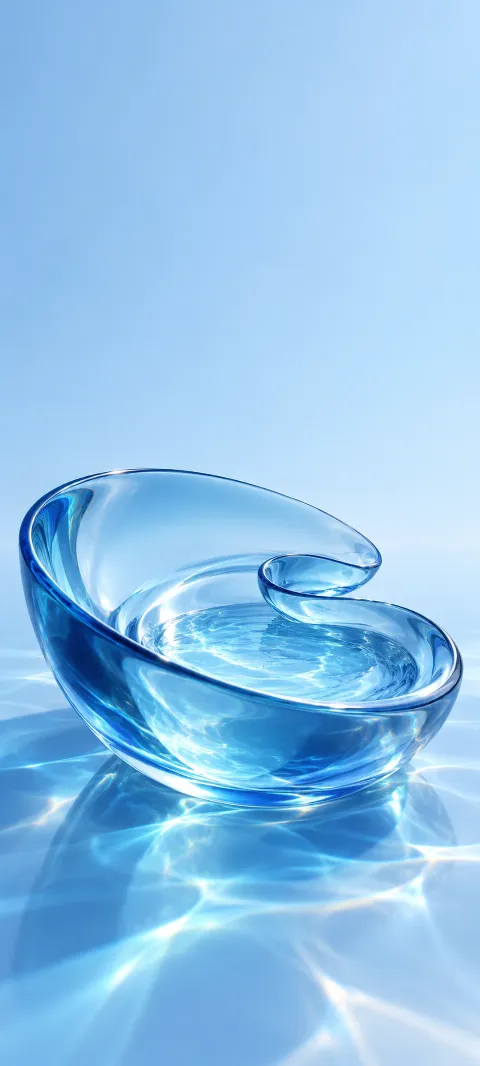 Translucent blue spiral basin with water and cyan caustic reflections.