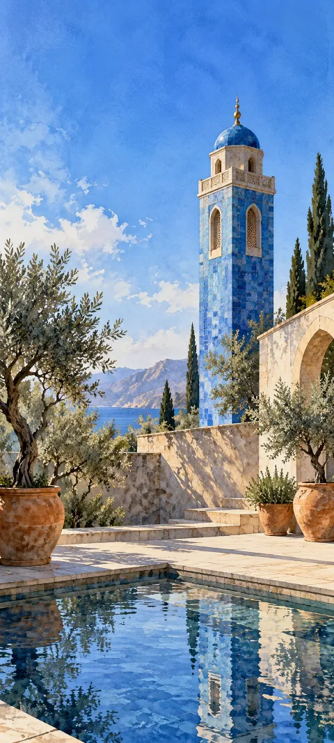 Blue tiled tower reflected in a courtyard pool beside potted olive trees and pale stone walls.