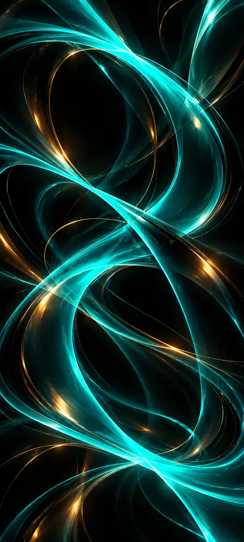 Teal arcs loop through charcoal space with amber reflections.
