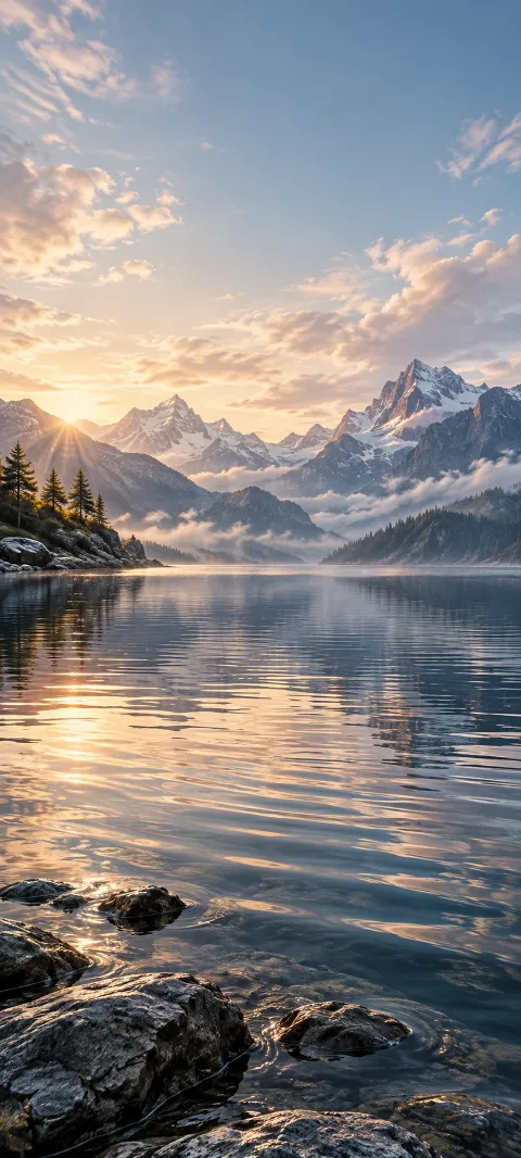 Silver ripples cross a quiet lake beneath pale clouds.