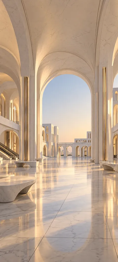 A white marble station opens onto a reflective plaza.