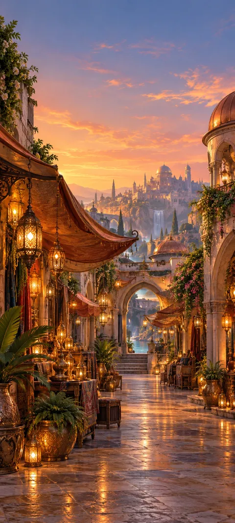 An imagined market arcade glows beneath copper awnings.