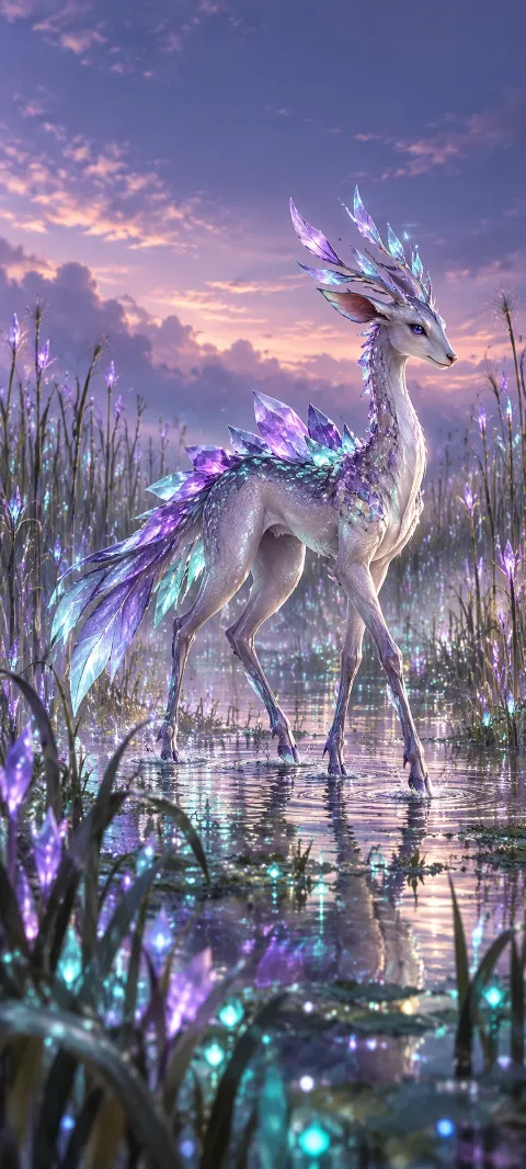 A crystal-backed creature crosses a glowing marsh.