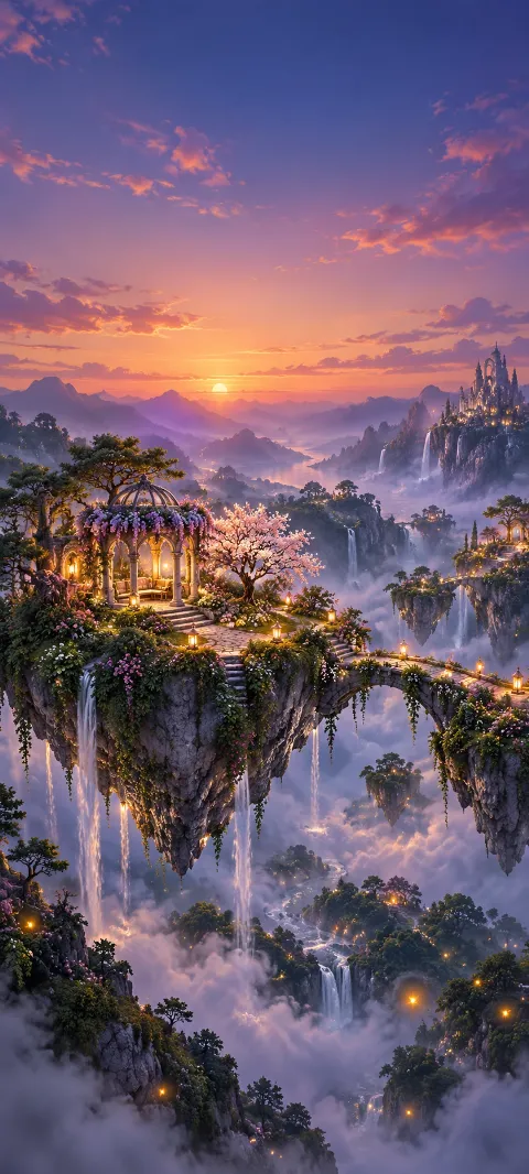 A floating garden glows above a firefly valley.