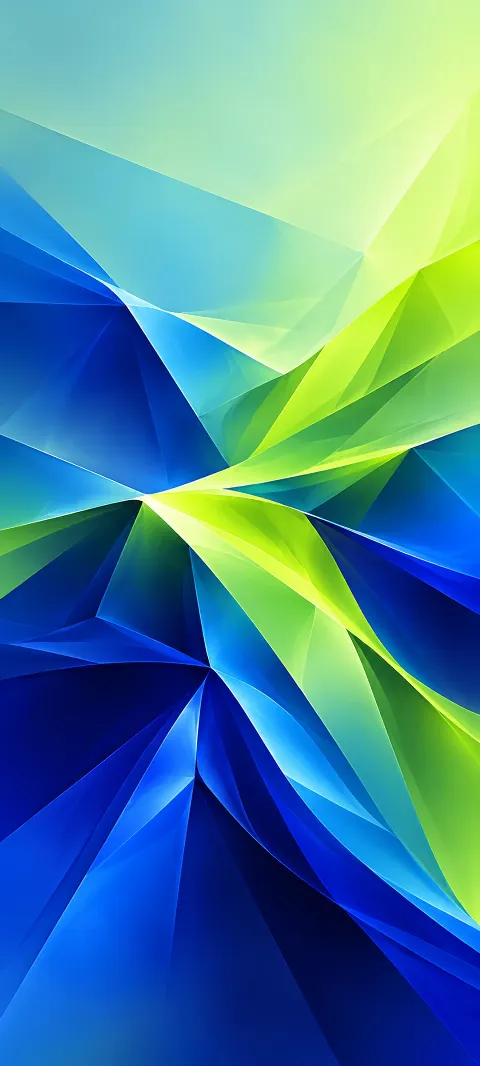 Lime and cobalt planes fold into a flowing faceted structure.