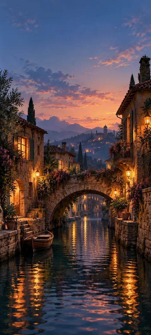 Warm windows and lamps reflect beneath a canal bridge at dusk.