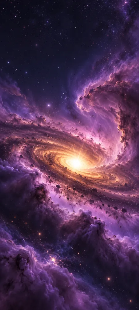 Violet dust clouds curl around a bright star.