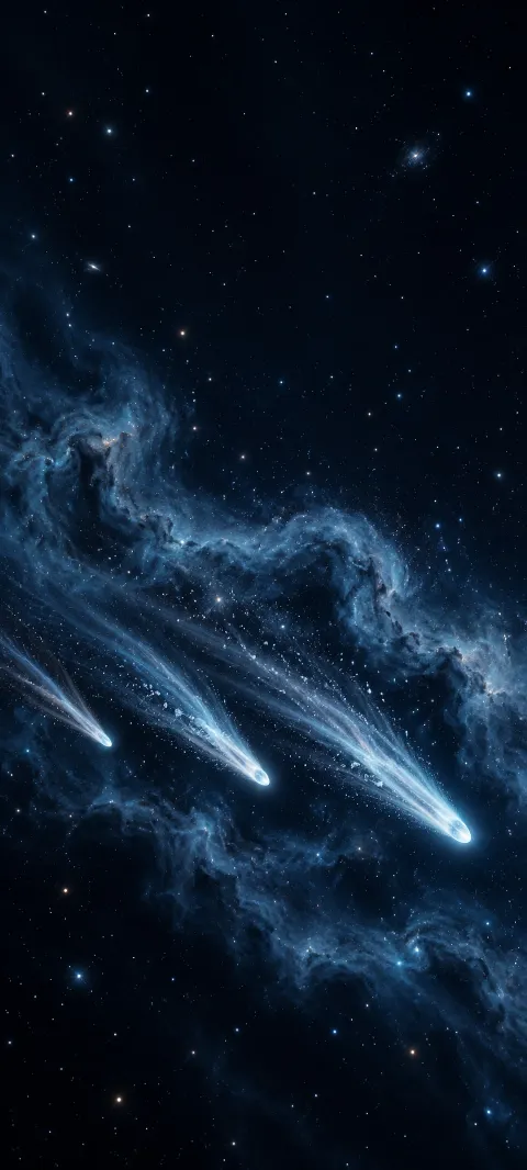 Three bright comets with long blue-white tails crossing a navy starfield and blue cosmic dust.