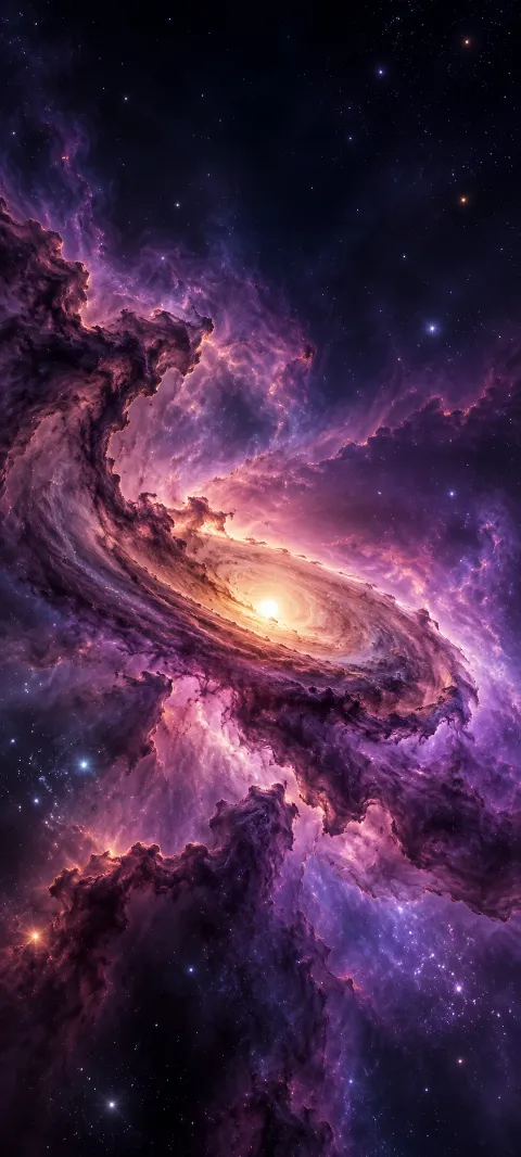 Violet dust clouds curl around a bright star.