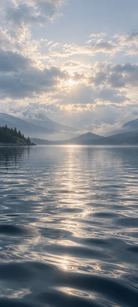 Silver ripples cross a quiet lake beneath pale clouds.