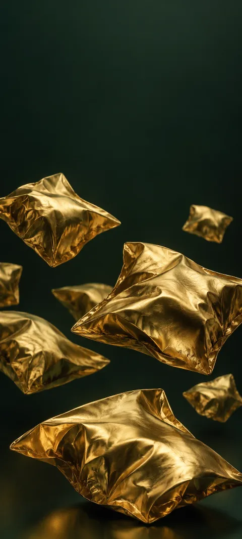 Floating wrinkled gold foil pillow forms against deep green.
