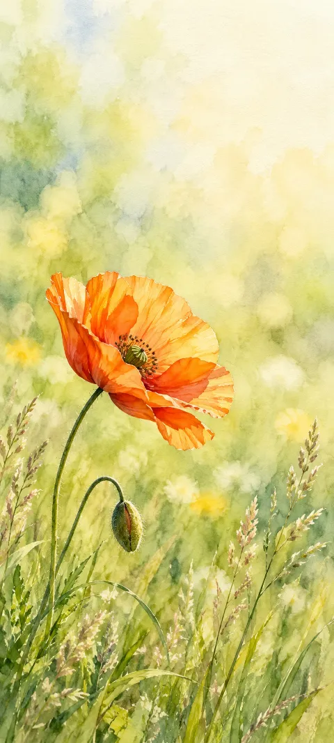 Orange poppy with translucent petals and a curved bud against pale green watercolor.