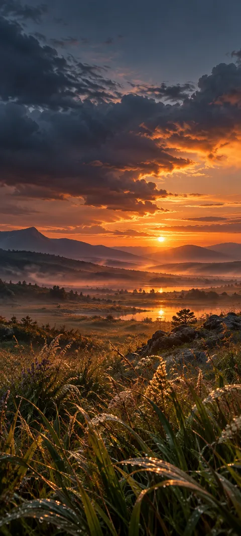 Wet meadow grasses glowing copper beneath dark sunset storm clouds.