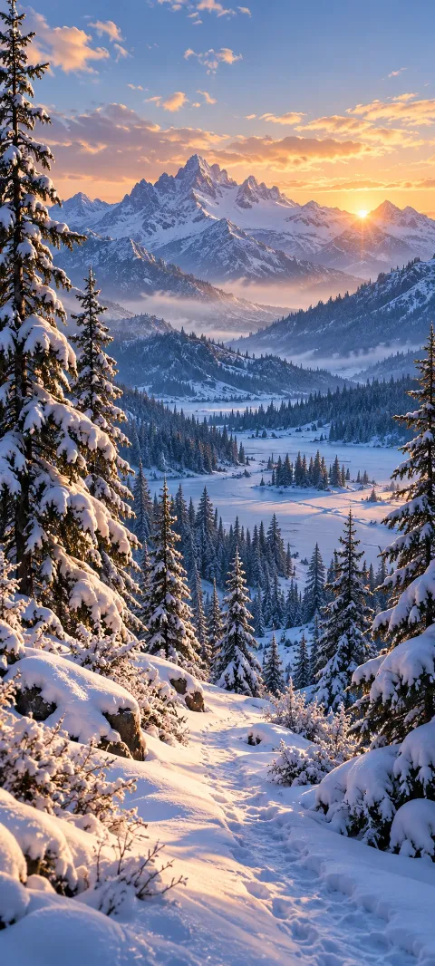 Snowy pines open onto a blue-shadowed hollow and trail.
