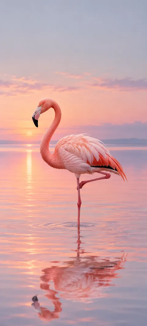 Pink flamingo standing on one leg in shallow pink water with its reflection.