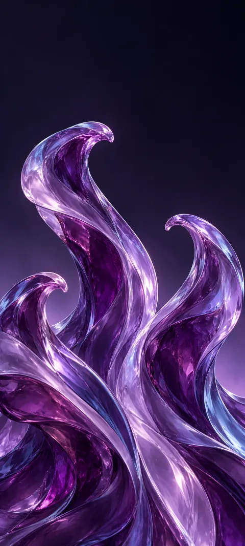 Glossy curling amethyst resin forms with lavender edge light on dark violet.