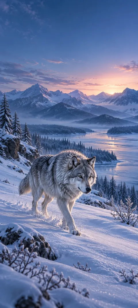 A silver wolf walks across a snowy slope above a mountain lake.