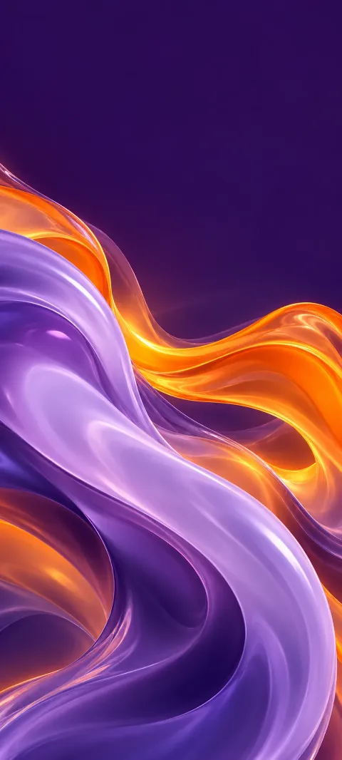 Glossy lavender and orange abstract ribbons sweeping over a purple background.