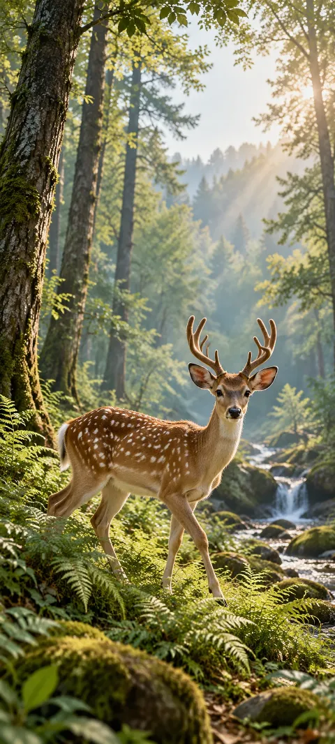 A spotted deer steps through ferns beneath tall trees.