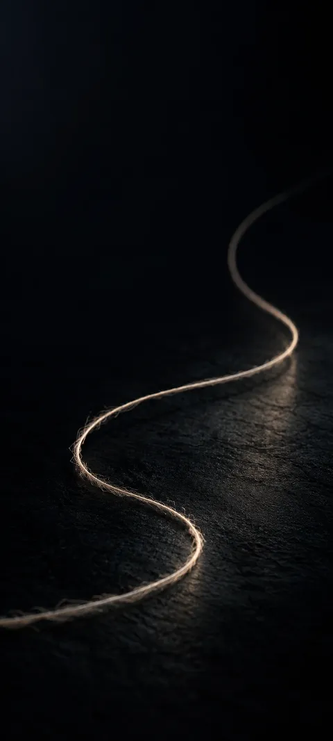 A pale thread curves across a black surface.