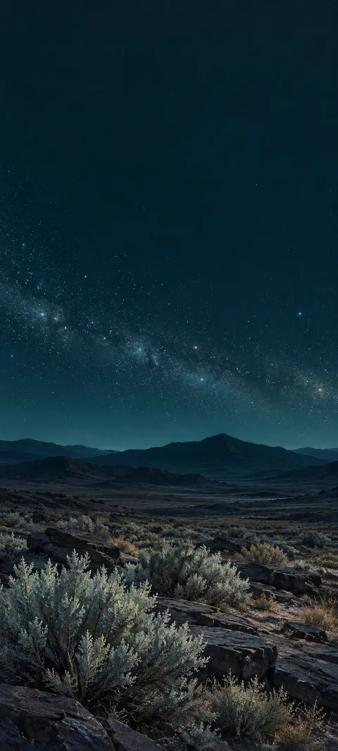 Silver sage and dark rocks below a low star band in a teal night sky.
