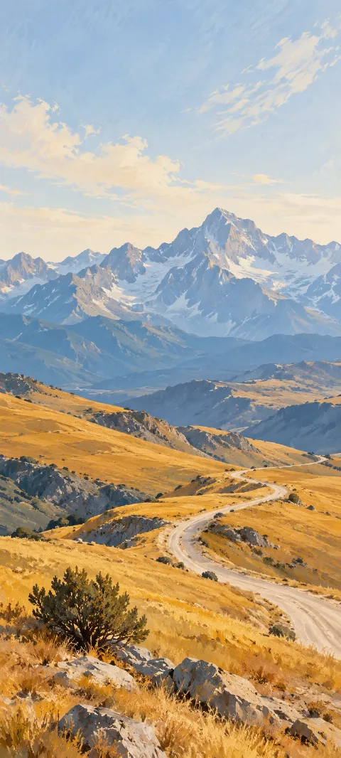 Pale winding road through golden foothills toward blue mountains, with rocks and a foreground shrub.