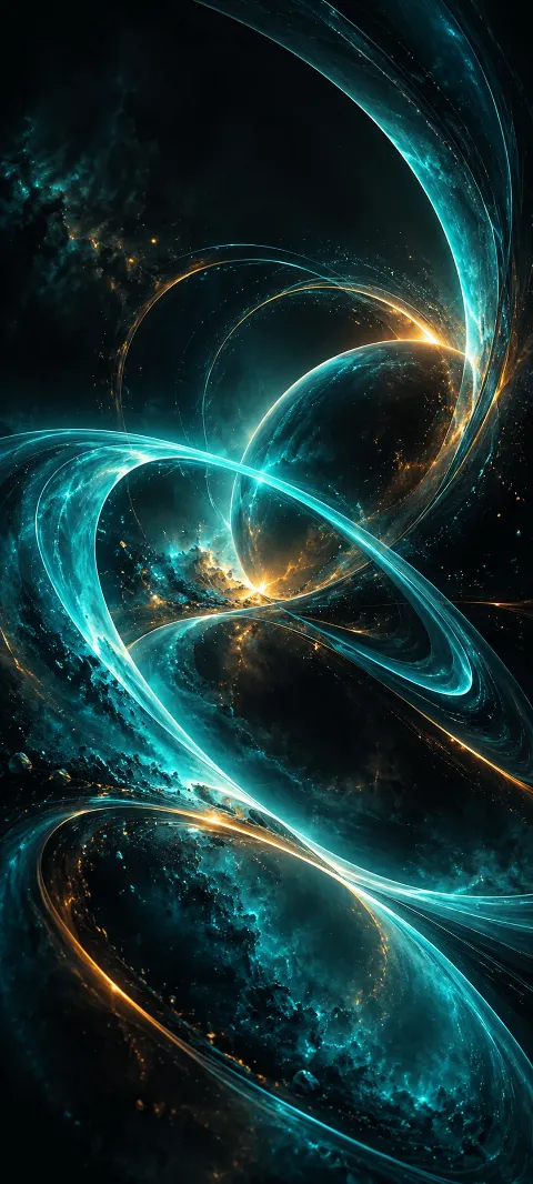 Teal luminous arcs and amber dust around a dark planet.
