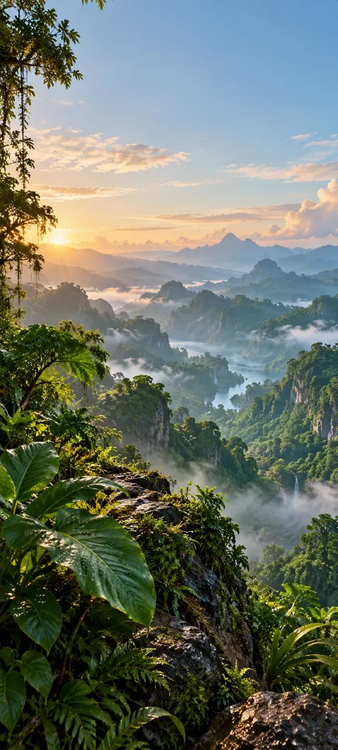 Tropical leaves frame a misty green rainforest valley.