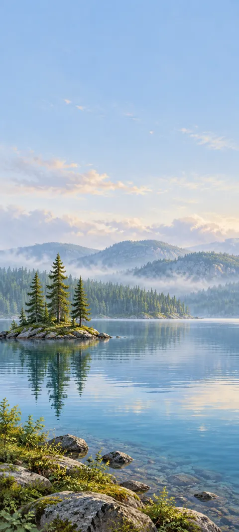 Small conifer-covered rocky island reflected in a calm blue lake.