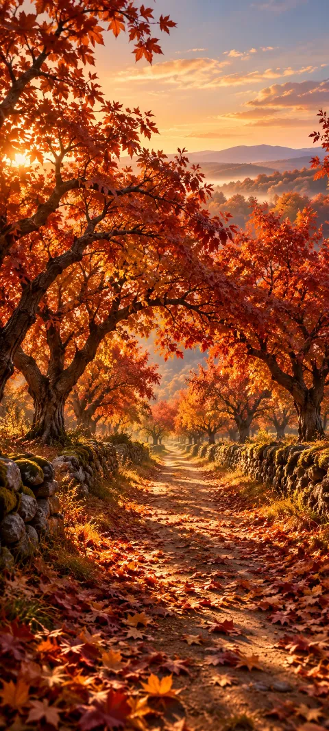 An orchard lane recedes between russet trees and fallen leaves.
