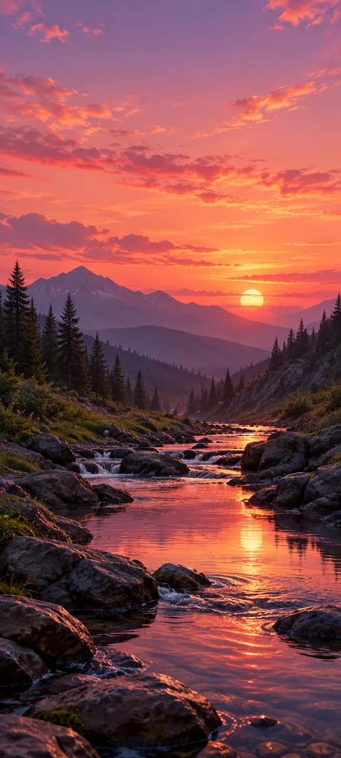 A creek reflects a rose sunset between dark banks.