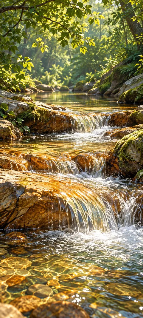 Golden sunlight on a clear creek flowing over mossy rocks under green leaves.