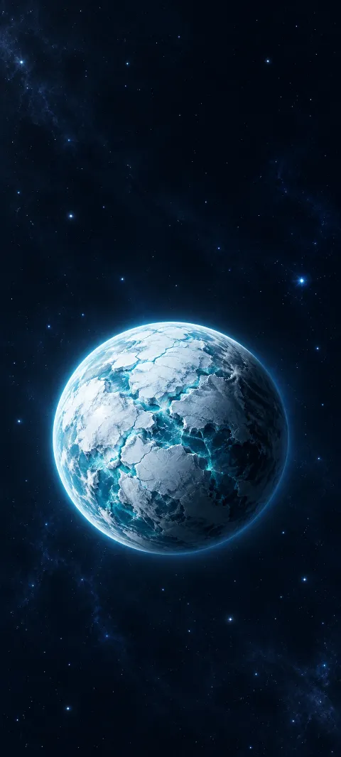 A whole glacier-covered planet with cyan cracks and a faint halo against navy stars.