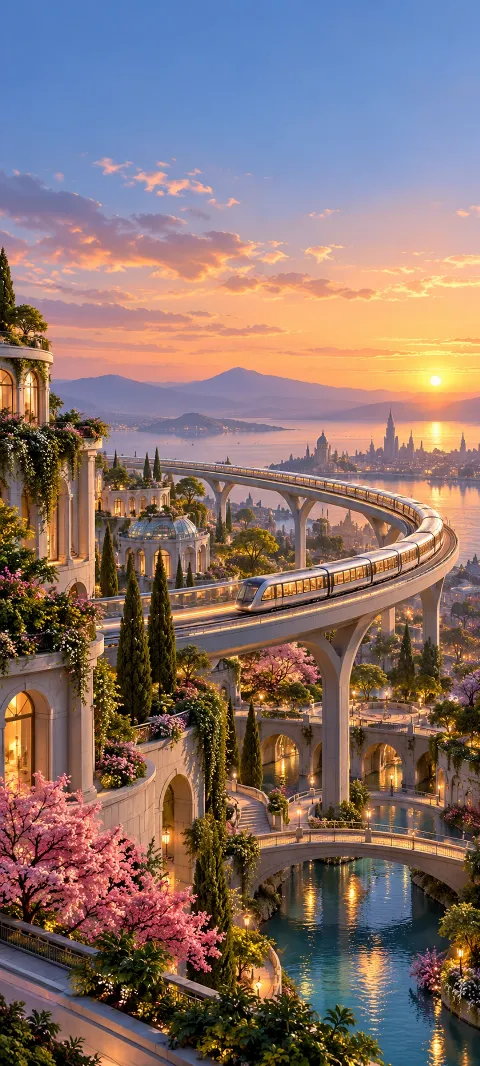 An elevated transit loop sweeps above a garden district.