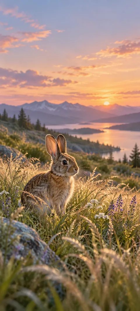 A wild rabbit pauses in silver meadow grass.