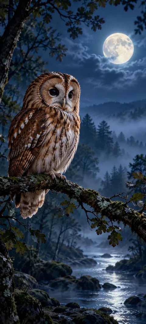 A tawny owl rests on a branch in dusk light.