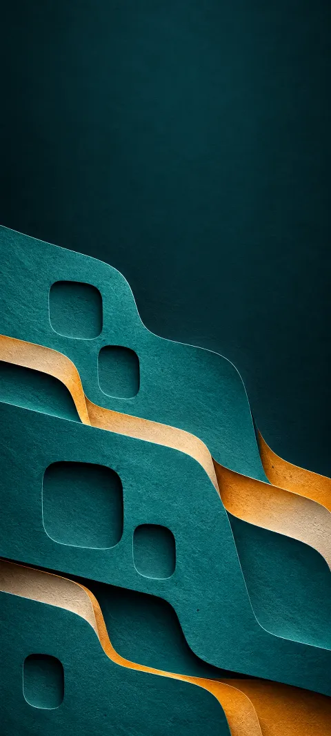 Teal paper layers with rounded recesses and amber-edged cream strips.
