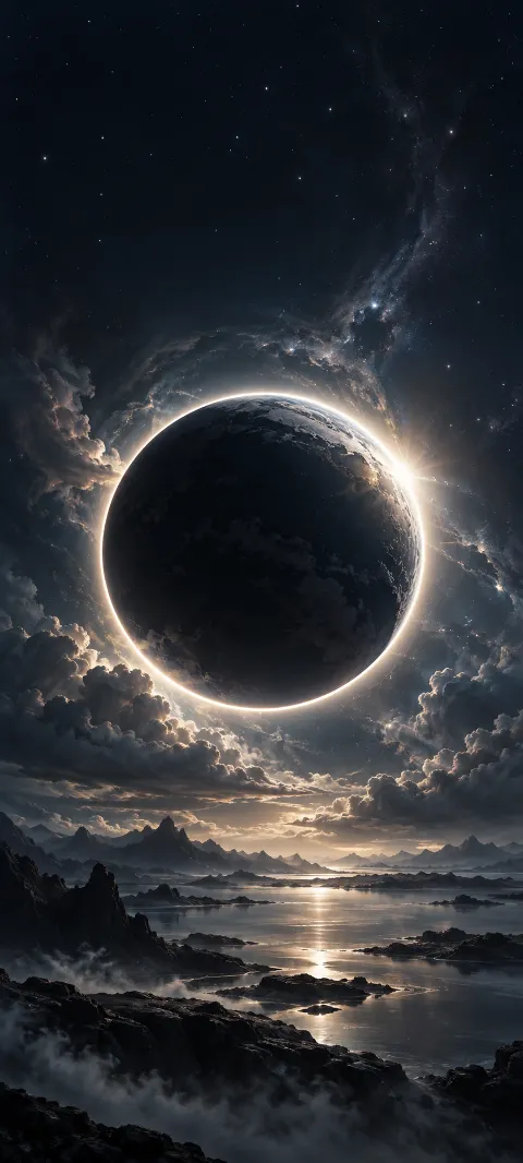 Dark eclipsed planet above a rocky coast and reflective water.