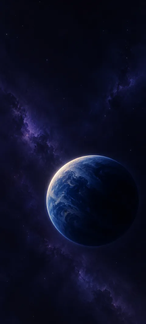 Blue planet with a thin ivory crescent against dark purple stars.