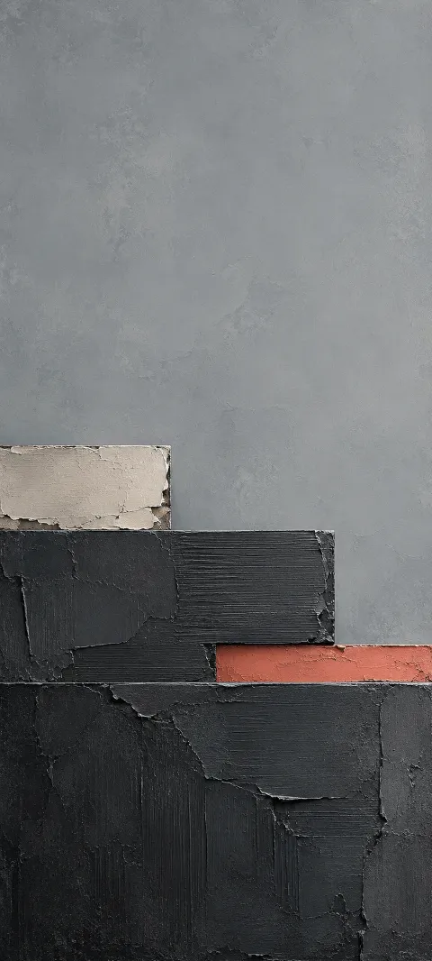 Graphite gesso steps with fractured paint edges and coral and ivory inserts.