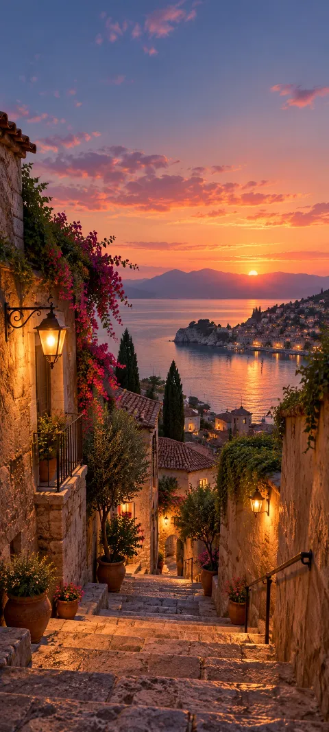 Stone steps descend between warm lanterns and plaster walls.